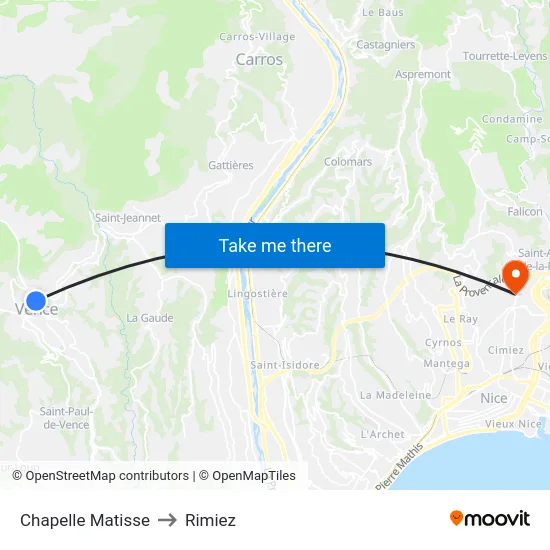 Chapelle Matisse to Rimiez map