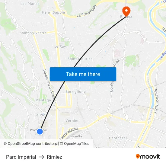 Parc Impérial to Rimiez map