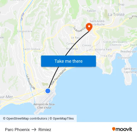Parc Phoenix to Rimiez map