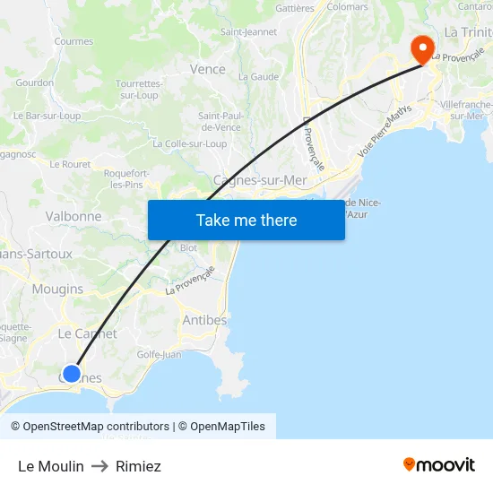 Le Moulin to Rimiez map