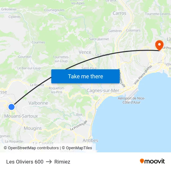Les Oliviers 600 to Rimiez map