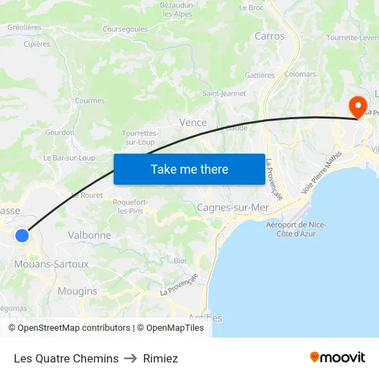 Les Quatre Chemins to Rimiez map