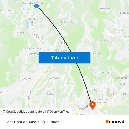 Pont Charles Albert to Rimiez map