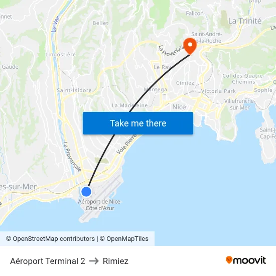 Aéroport Terminal 2 to Rimiez map