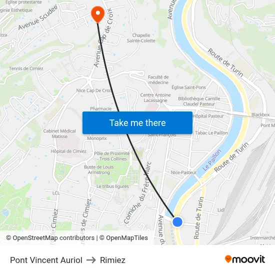 Pont Vincent Auriol to Rimiez map