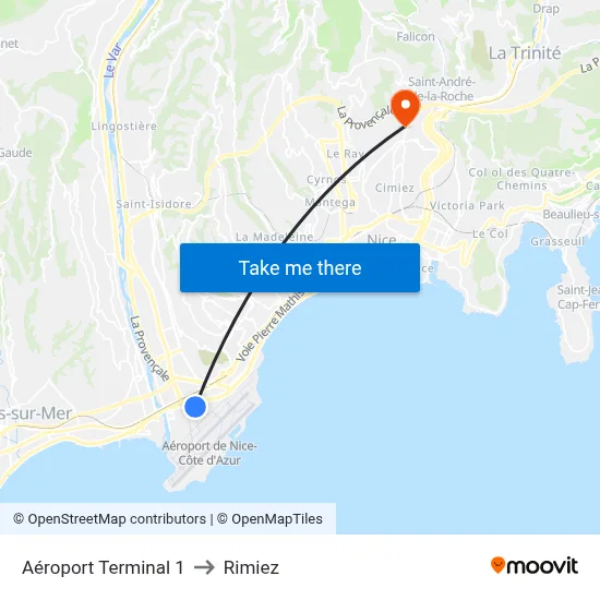 Aéroport Terminal 1 to Rimiez map