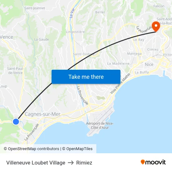 Villeneuve Loubet Village to Rimiez map
