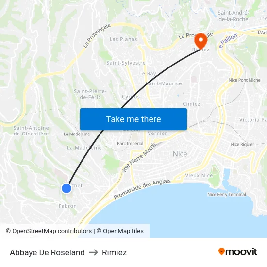 Abbaye De Roseland to Rimiez map