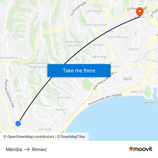 Méridia to Rimiez map