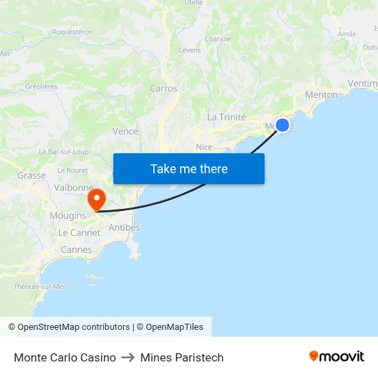Monte Carlo Casino to Mines Paristech map