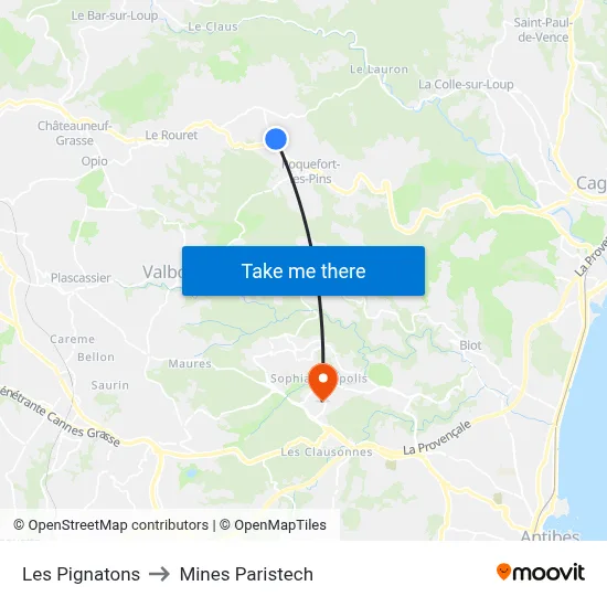 Les Pignatons to Mines Paristech map