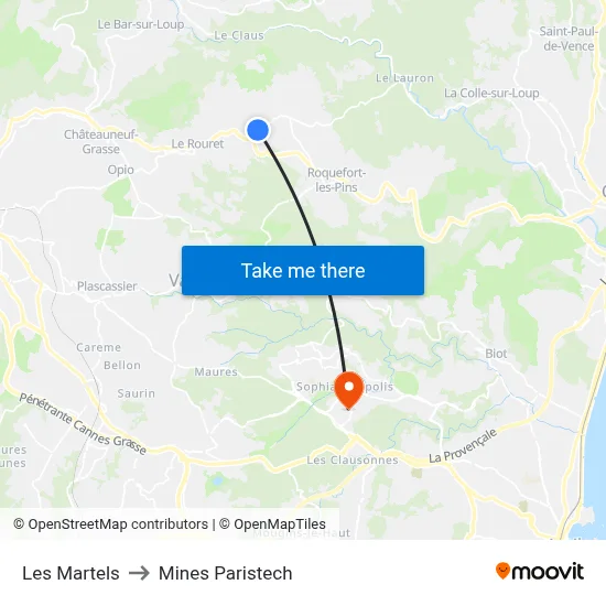 Les Martels to Mines Paristech map