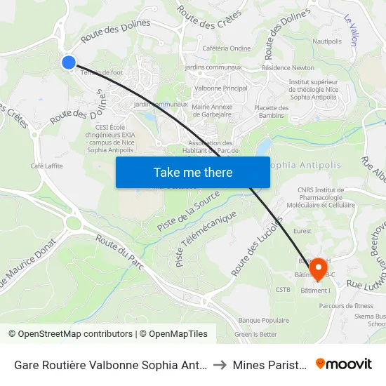 Gare Routière Valbonne Sophia Antipolis to Mines Paristech map