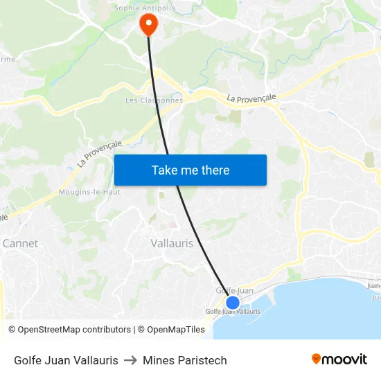 Golfe Juan Vallauris to Mines Paristech map
