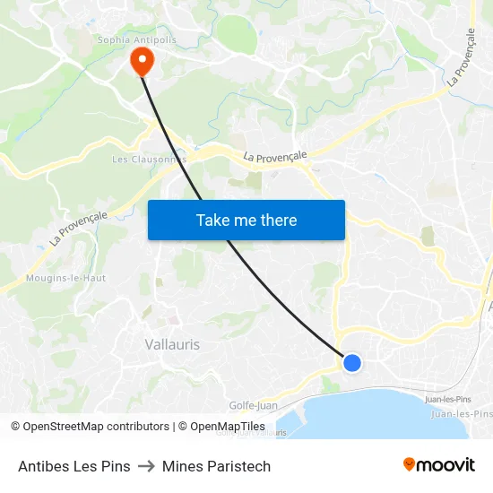 Antibes Les Pins to Mines Paristech map