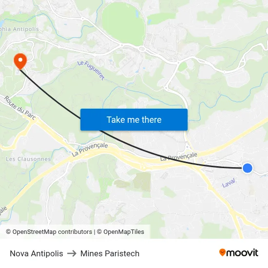 Nova Antipolis to Mines Paristech map