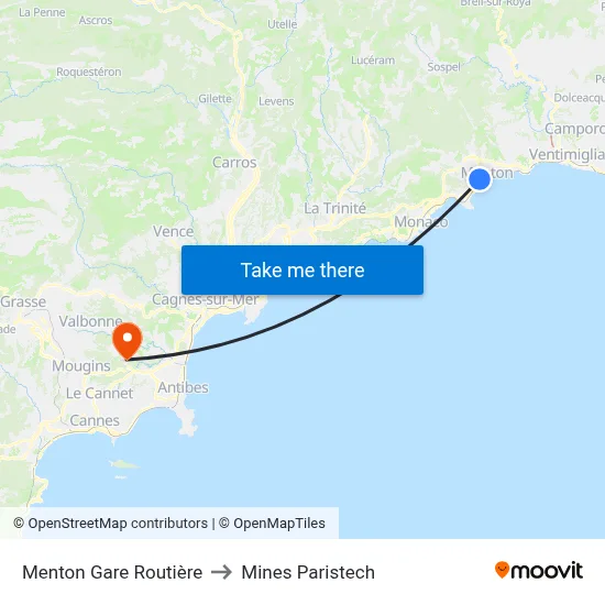 Menton Gare Routière to Mines Paristech map