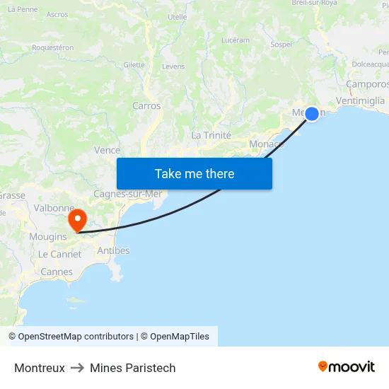 Montreux to Mines Paristech map