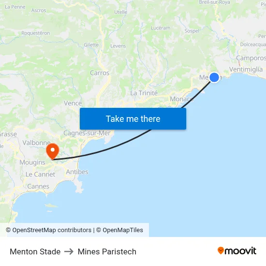 Menton Stade to Mines Paristech map