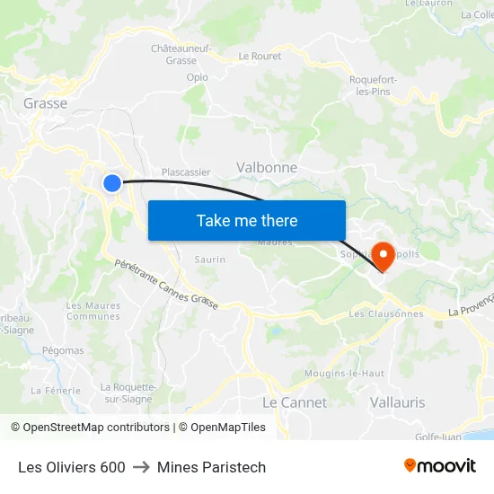 Les Oliviers 600 to Mines Paristech map