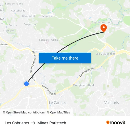 Les Cabrieres to Mines Paristech map