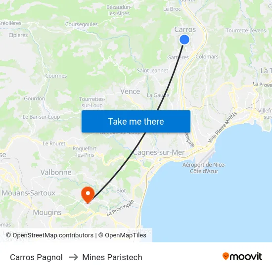 Carros Pagnol to Mines Paristech map