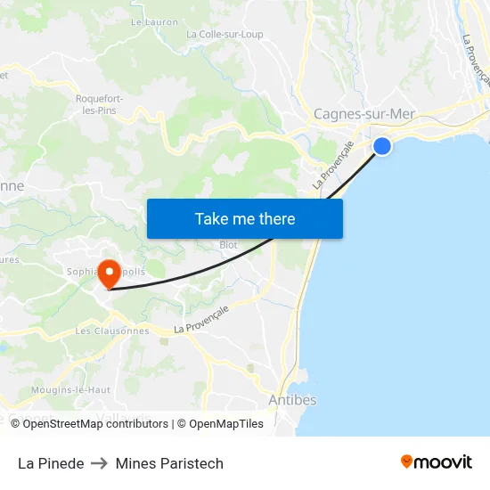 La Pinede to Mines Paristech map
