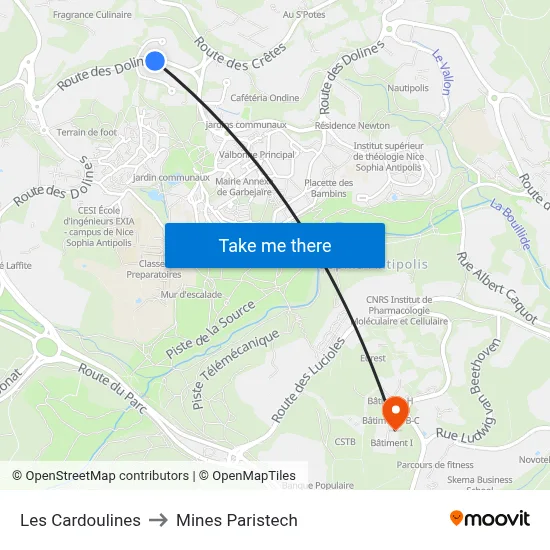Les Cardoulines to Mines Paristech map