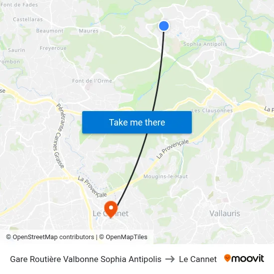Gare Routière Valbonne Sophia Antipolis to Le Cannet map