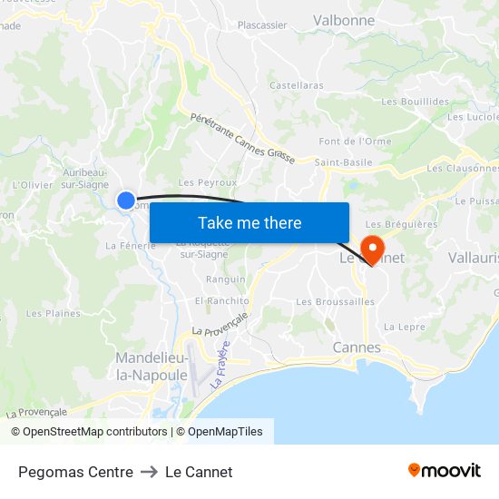 Pegomas Centre to Le Cannet map