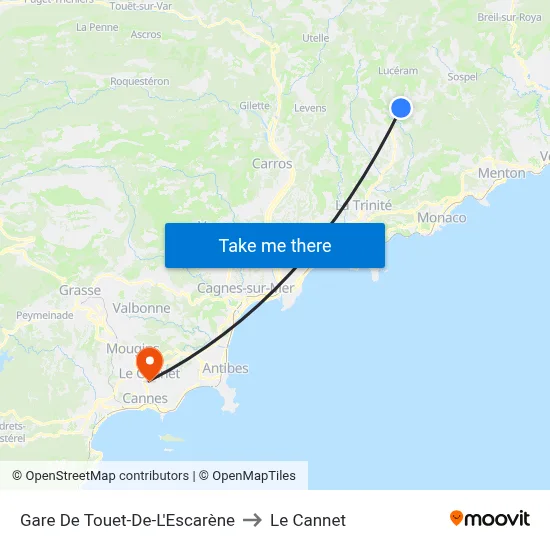Gare De Touet-De-L'Escarène to Le Cannet map