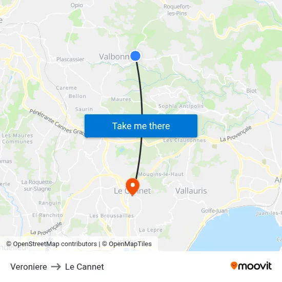 Veroniere to Le Cannet map
