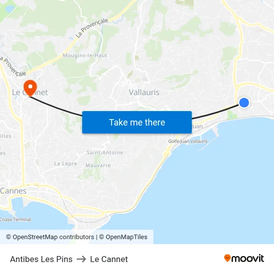 Antibes Les Pins to Le Cannet map