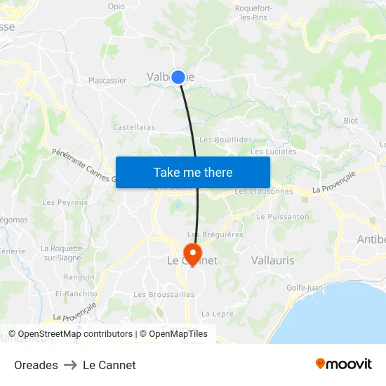 Oreades to Le Cannet map