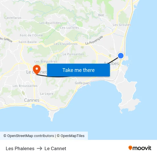 Les Phalenes to Le Cannet map