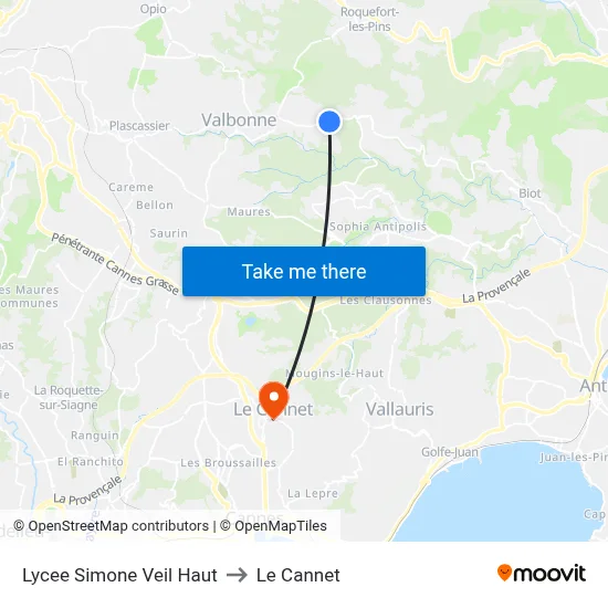 Lycee Simone Veil Haut to Le Cannet map