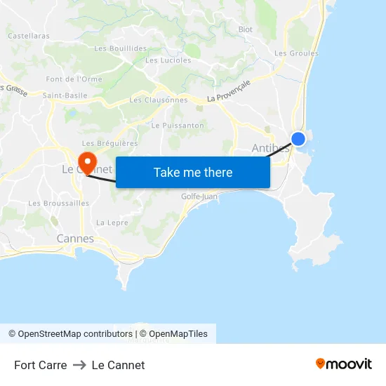 Fort Carre to Le Cannet map