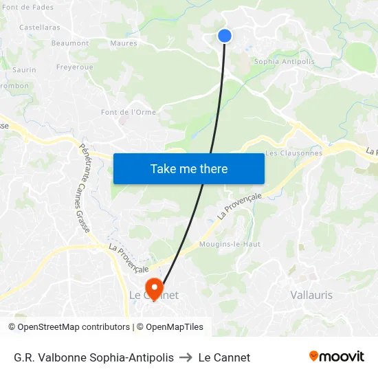 G.R. Valbonne Sophia-Antipolis to Le Cannet map