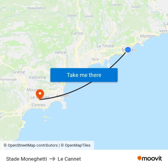 Stade Moneghetti to Le Cannet map
