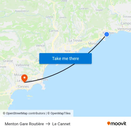 Menton Gare Routière to Le Cannet map