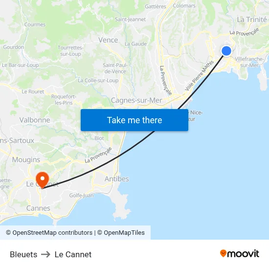 Bleuets to Le Cannet map