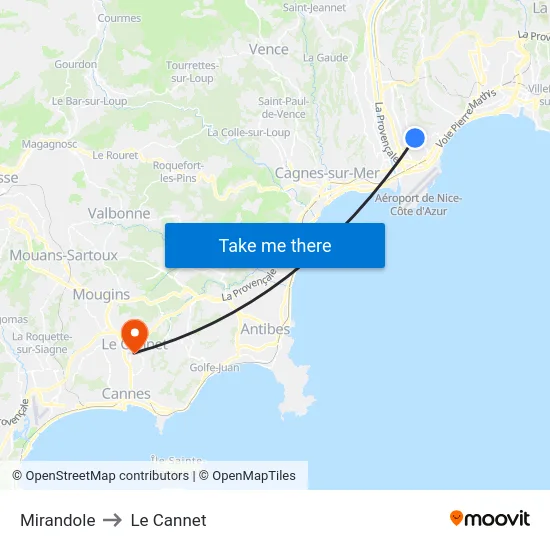 Mirandole to Le Cannet map