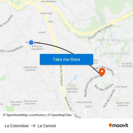 Le Colombier to Le Cannet map