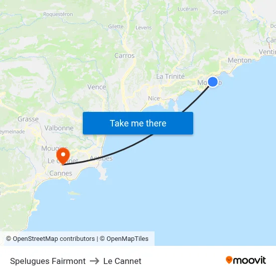 Spelugues Fairmont to Le Cannet map