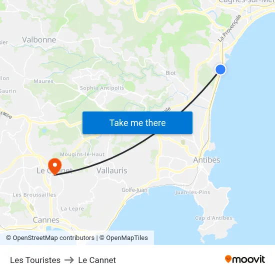 Les Touristes to Le Cannet map