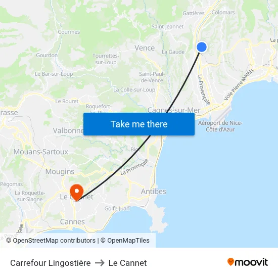 Carrefour Lingostière to Le Cannet map