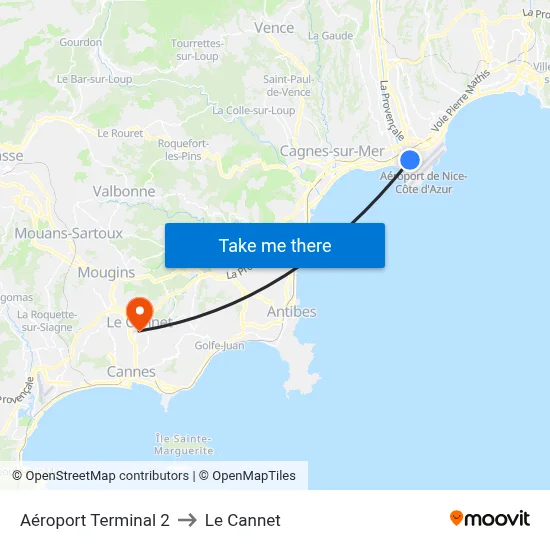 Aéroport Terminal 2 to Le Cannet map