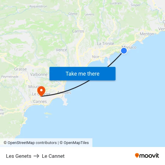 Les Genets to Le Cannet map