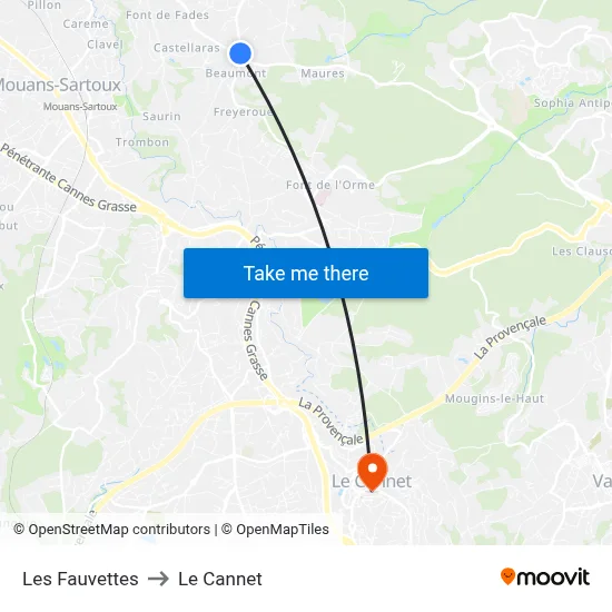 Les Fauvettes to Le Cannet map