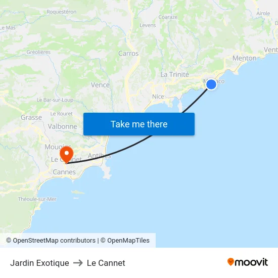 Jardin Exotique to Le Cannet map